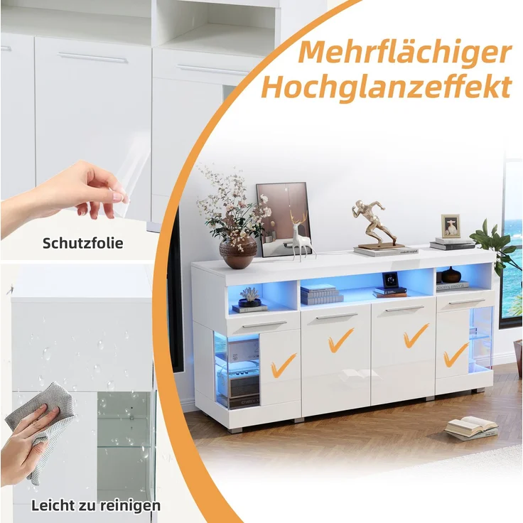 DESVIAE Sideboard mit LED-Beleuchtung und 3 Schubladen, 140x70x40 cm, MDF und Spanplatte, Weiß – Bild 5
