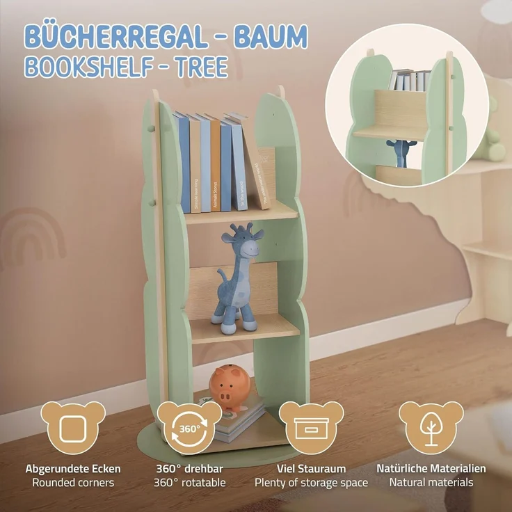 Joyz Spielzeugtruhe Kinderregal Kindermöbel Kinderzimmerregal Spielzeug Spielzimmer Möbel, Baum Bücherregal mit 5 Ablagen, 360° drehbar, MDF – Bild 4
