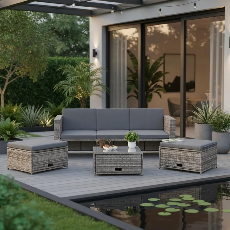 Polyrattan Sitzmöbel Set Sofa Tisch 2 Hocker grau Lounge Gartenset Rattanmöbel – Bild 9