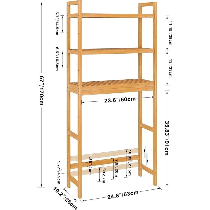 Toilettenregal Bambus 3-stöckig Verstellbar Badezimmer Natürlich 63x26x170cm – Bild 3