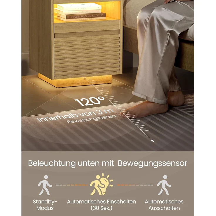 Vasagle Nachttisch mit LED-Beleuchtung und Schublade, Holz natur, 55 x 40 x 45 cm – Bild 4