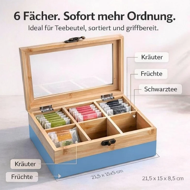 NEUSTANLO | Tee Box mit Sichtfenster | 6 Fächer Teebox aus FSC Bambus | Aufbewahrungsbox 21,5x15x8,5 cm | Teebeutel Organizer mit Retro Verschluss | Blau Natur – Bild 3