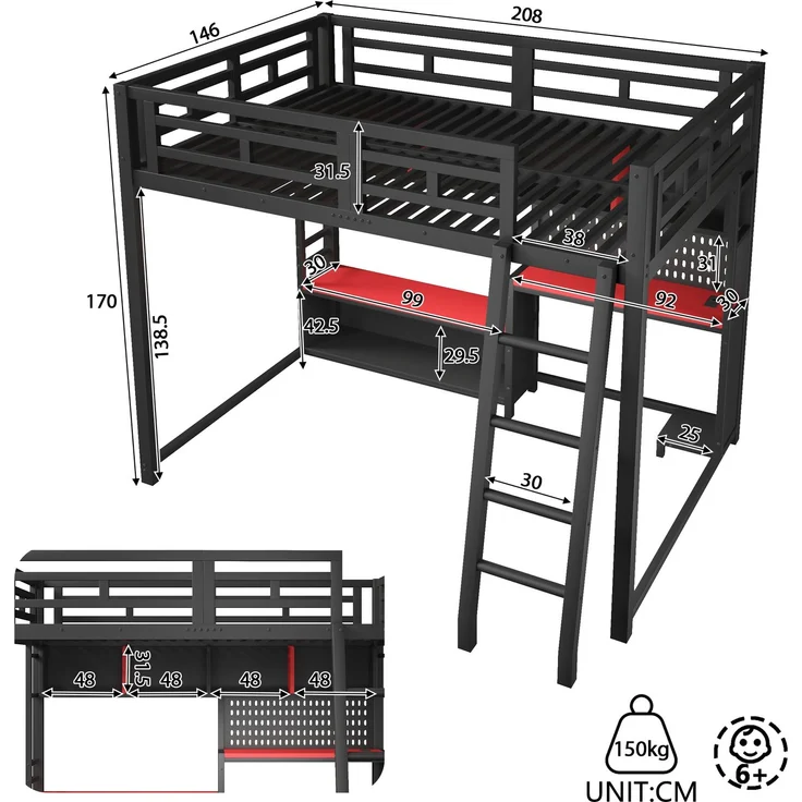 140x200 Metall Etagenbett mit Schreibtisch im Gaming-Stil, LED-Beleuchtung und Aufbewahrungsregalen, Schwarz+Rot – Bild 6