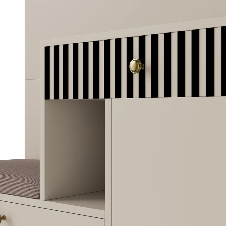 Flurschrank 110x37x185.5cm mit Sitzfläche,Soft-Close,verstellbaren Regalen,Spiegel,Haken,Schubladen,Stauraum,Beige & Creme – Bild 10