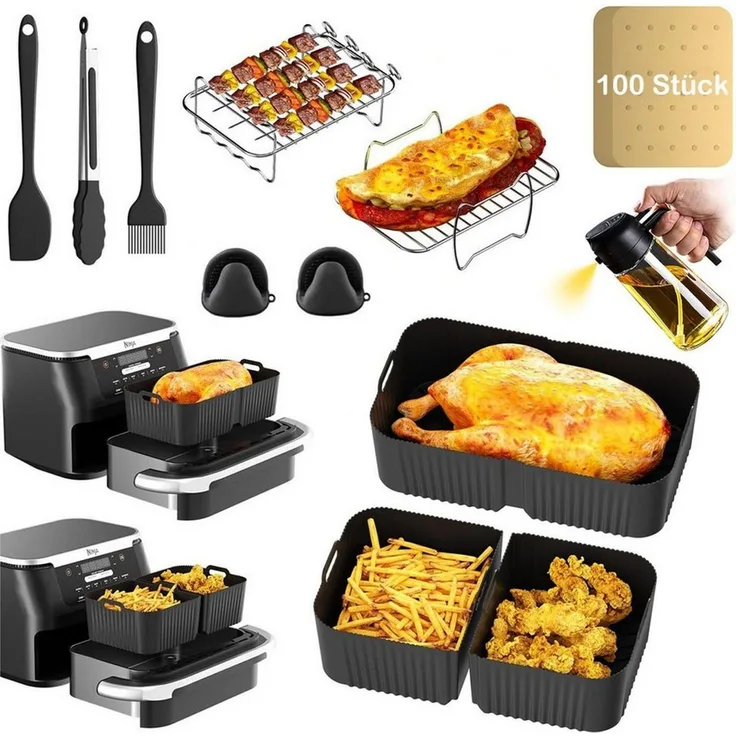 SURFOU Backform Heißluftfritteuse zubehör für Ninja Airfryer AF500EU 15-tlg BPA-frei, (Airfryer Zubehör Set für Ninja Foodi AF500EU& AF500EUCP, ninja foodi flexdrawer 10,4L,COSORI TwinFry 10L – 3 Silikonmatten & 12-teiliges Set, 10,4L, 5,2L, hitzebestä...