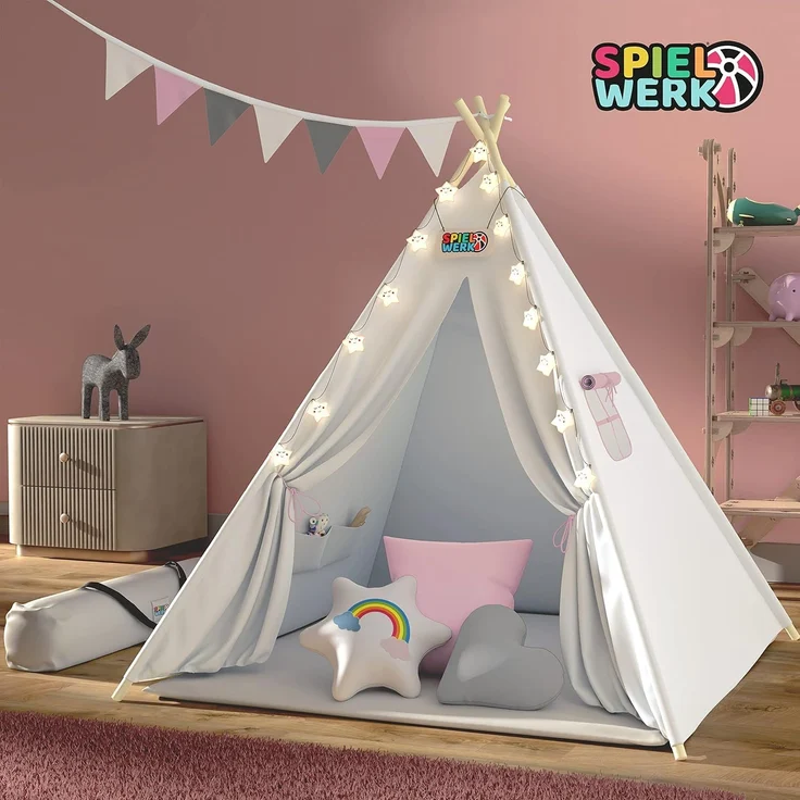 Spielwerk Kindertipi mit Lichterkette, Bodenmatte & Kissen, Baumwolle grau, 120 x 120 x 160 cm – Bild 2