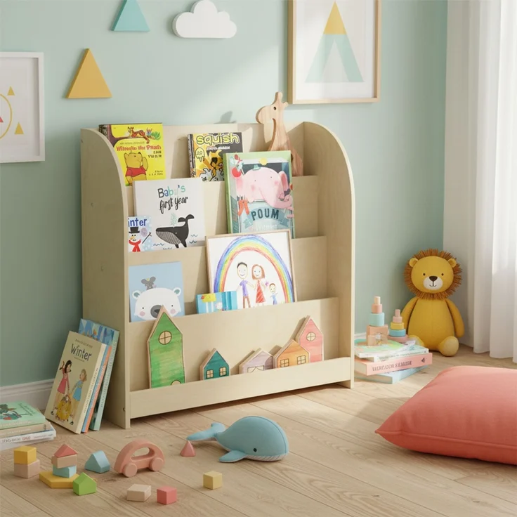 Bellabino 'Baru' Kinderbücherregal, Holz, natur unbehandelt, 88x30x80 cm, Montessori Kinderregal mit 4 Ablagefächern – Bild 2