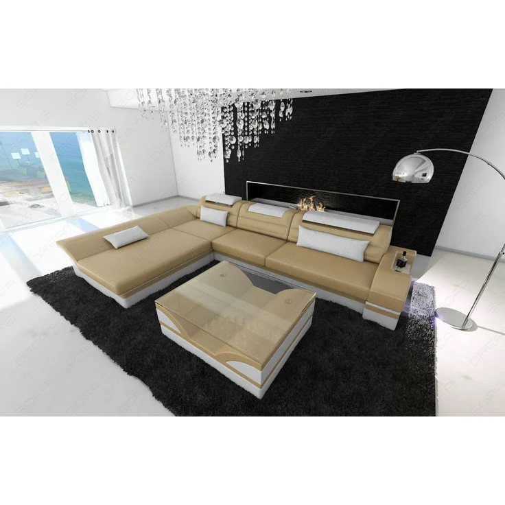 Mini Couch Monza Eleganz L Form in Leder - Echtleder - sandbeige-weiß - Links – Bild 5