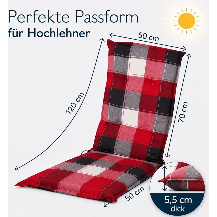 BURI 4x Hochlehner Auflage 120x50x5,5 cm - wetterfeste Gartenstuhlauflage mit Schaumkern & Vollvlies, Halteband & Bindebänder, bequemes Stuhlpolster für Balkon, Terrasse & Garten (Rot/Grau Kariert) – Bild 2