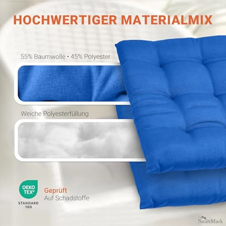 NatureMark 4er Set Stuhlkissen mit Bändern Gr. 40x40 cm Sitzkissen gefüllt, Royal Blau – Bild 8