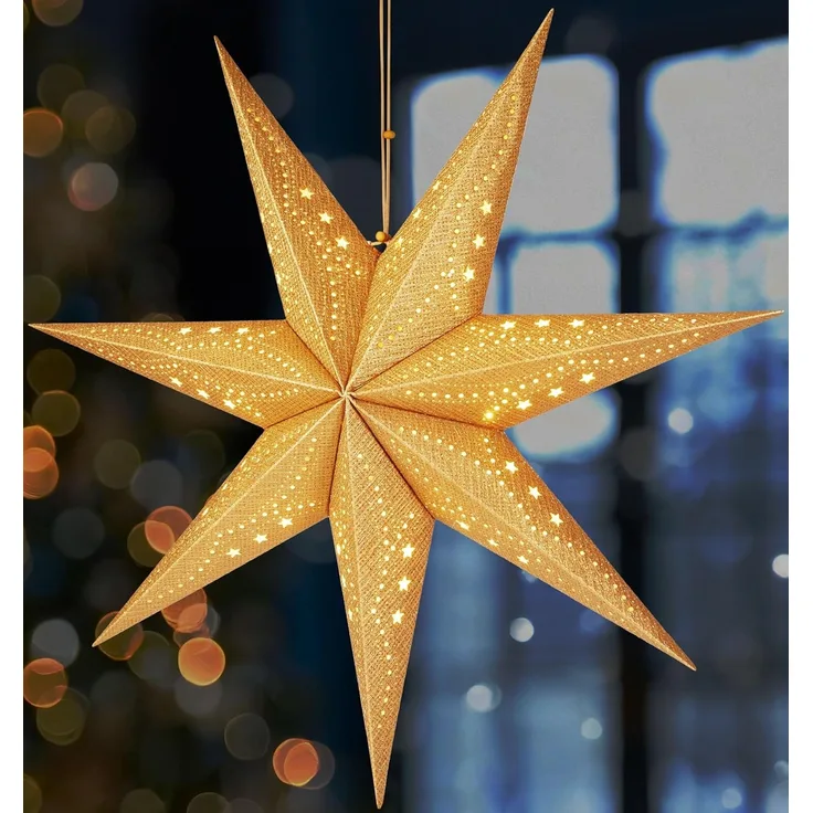 BRUBAKER 3D Weihnachtsstern zum Aufhängen - Fenster Papierstern mit E14 Fassung - 60 cm Deko Muster Adventsstern - Weihnachten Leuchtstern Set mit 3,5 m Kabel - Hängend - Gold