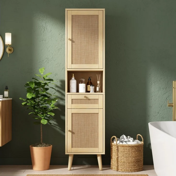 Flieks Badkommode schmal Hochschrank mit Rattan-Türen und Schubladen, Massivholzbeine (Türanschlag rechts oder links wechselbar, 1 St, 40×30×166 cm), Badezimmerschrank Multifunktionsschrank Soft-Close-Funktion Natur – Bild 4