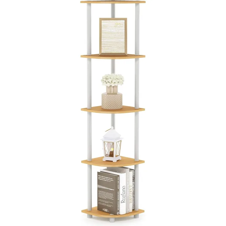 Furinno Eckregal mit 5 Ebenen, Mehrzweckregal, Verbundholz, PVC-Rohre, Buche/Weiß, 29. 46x29. 46x146. 3 cm