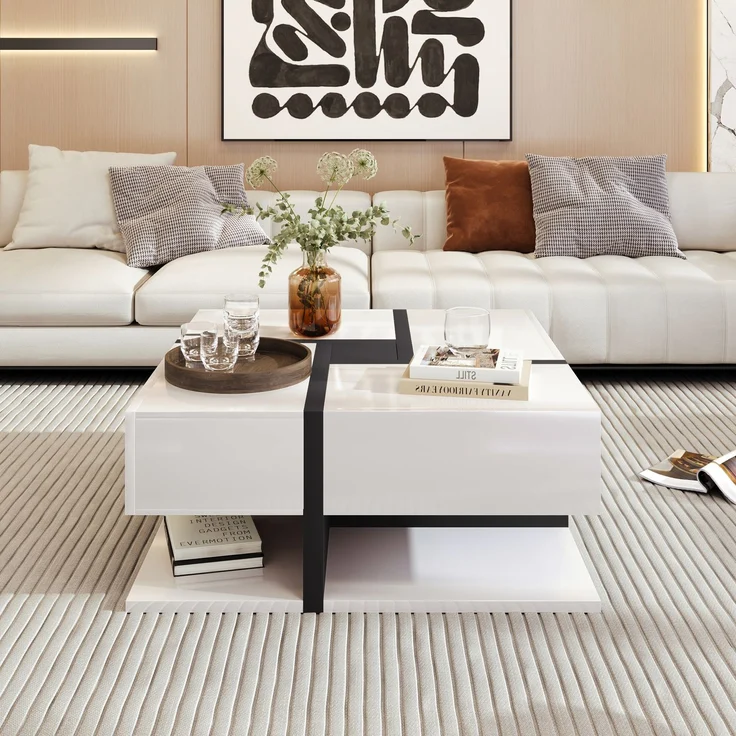 Quadratischer Couchtisch Hochglanz Weiß Schwarz mit 4 Schubladen Wohnzimmer Tisch Ablage Modern Design – Bild 2