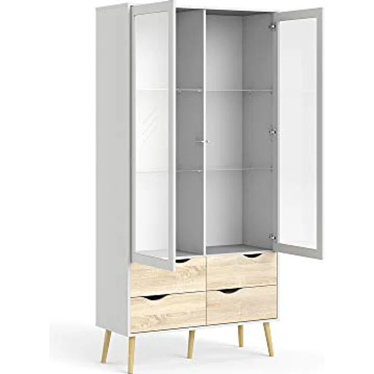 Vitrine mit zwei aufklappbaren Glastüren und vier Schubladen, Weiß und Eiche, Maße 98 x 200 x 39 cm – Bild 4