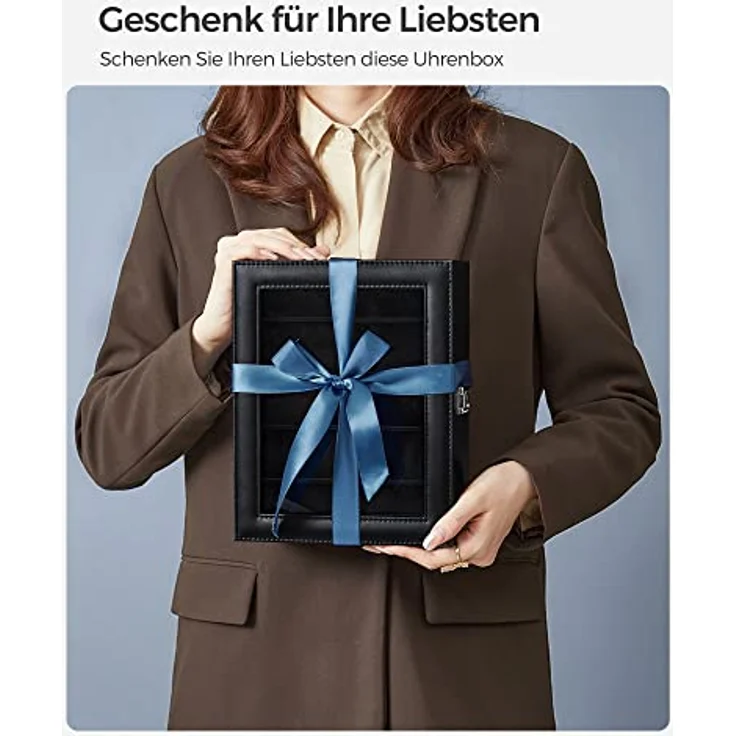 SONGMICS Uhrenbox mit 10 Fächern, Uhrenkasten, Glasdeckel, Uhrenkoffer, herausnehmbare Uhrenkissen, Metallverschluss, Geschenkidee, PU-Bezug in Schwarz, Innenfutter in Schwarz – Bild 9