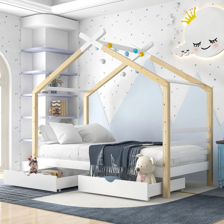 Bett 90x200 cm Hausbett aus Kiefernholz mit Schubladen – platzsparendes Kinderbett in Weiß – Bild 1