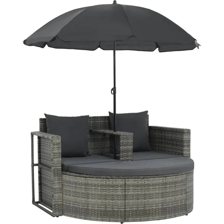 vidaXL Gartenbett mit Sonnenschirm Grau Poly Rattan 44478