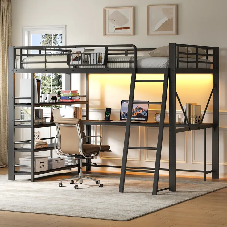 Metall-Hochbett (140 x 200 cm) mit integriertem Schreibtisch, Aufbewahrungskorb, Staufächern, USB-Ladestation und LED-Beleuchtung, Schwarz.