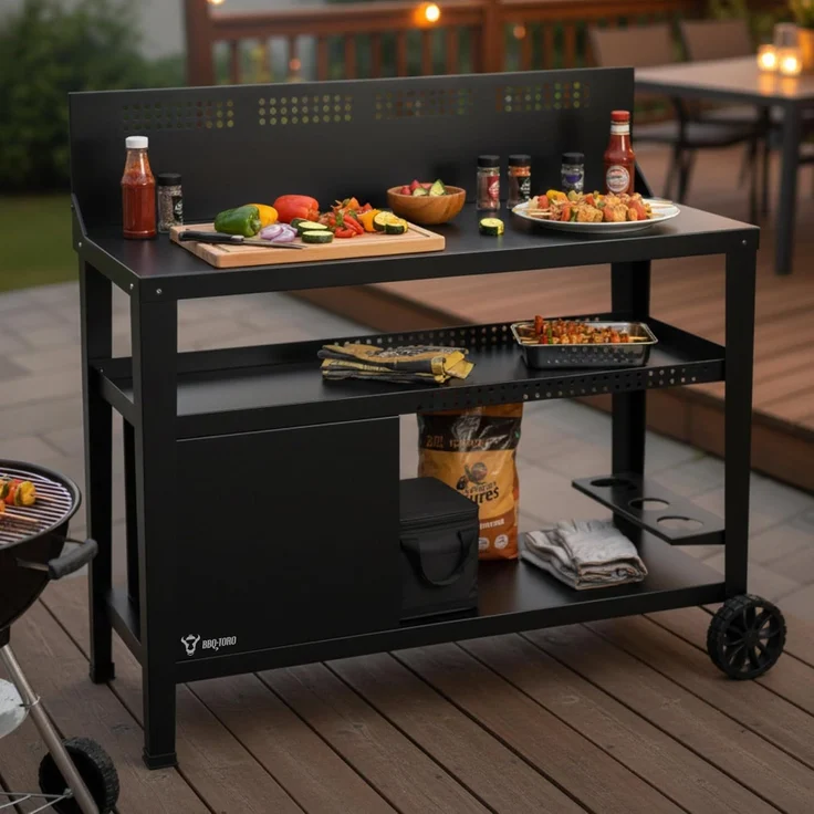 BBQ-Toro Grillablagetisch Grillwagen 125 x 57 x 104 cm, Schwarz, Grilltisch mit Windschutz – Bild 2