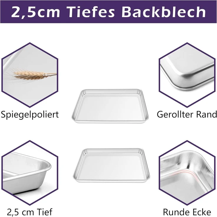 Homikit Edelstahl Backblech Set 2 Stück 23x17x2,5 cm Rechteckig – Bild 3
