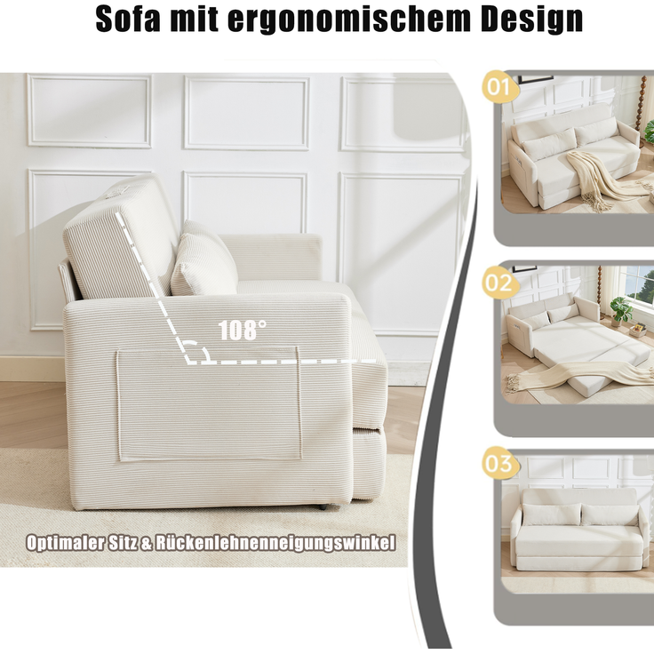 LVHOM Schlafsofa 2-Sitzer, Klappsofa mit Schlaffunktion, Bettsofa aus Cordstoff, Schlafcouch mit Kissen und Seitentaschen, 165x92x82 cm – Bild 5