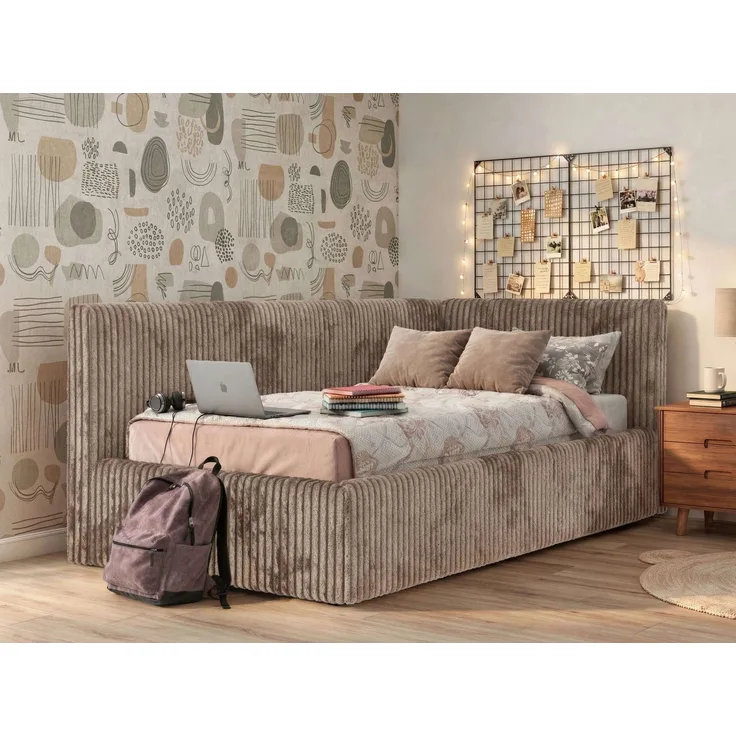 Jugendbett 90x200 cm TILVO mit Bettkasten, Polsterbett, Jugendzimmer, Lattenrost und gepolstertem Kopfteil, Pocket Matratze - Braun Cord - Rechts - VIRE LUX