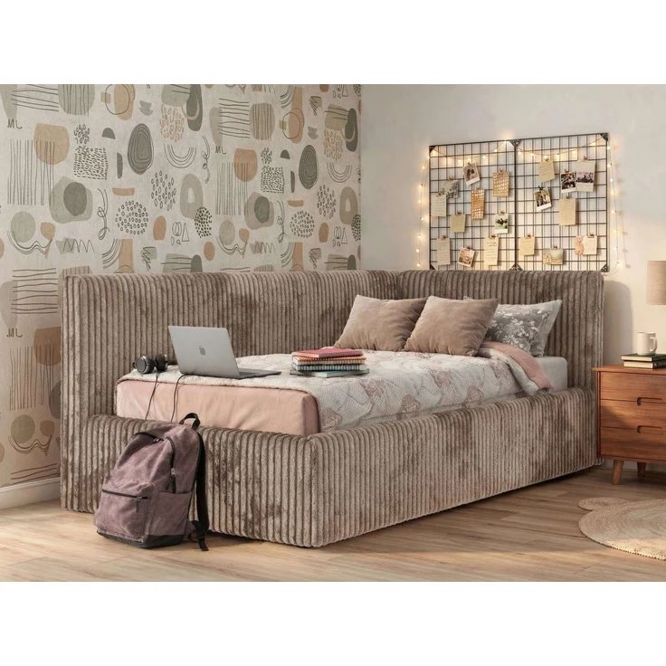 Jugendbett 90x200 cm TILVO mit Bettkasten, Polsterbett, Jugendzimmer, Lattenrost und gepolstertem Kopfteil, Pocket Matratze - Braun Cord - Rechts - VIRE LUX – Bild 1