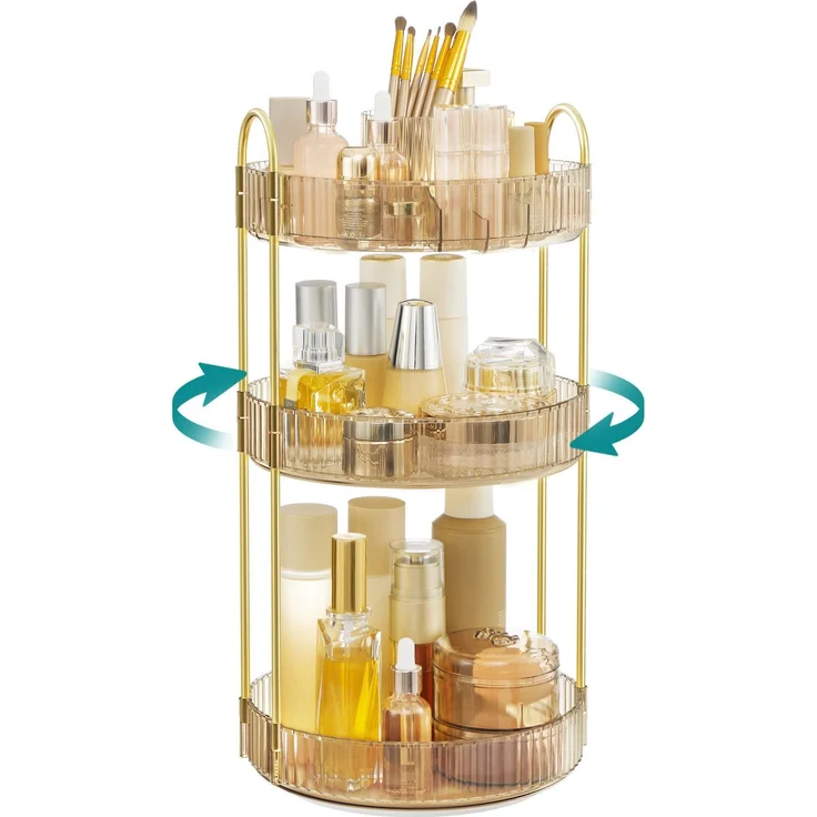 SONGMICS Make-up Organizer drehbar, Kosmetik-Organizer rund, 3 Ebenen, Kosmetik Aufbewahrung, anpassbar, für Schminktisch, Geschenkidee, champagnergold JKADE011A01 – Bild 1