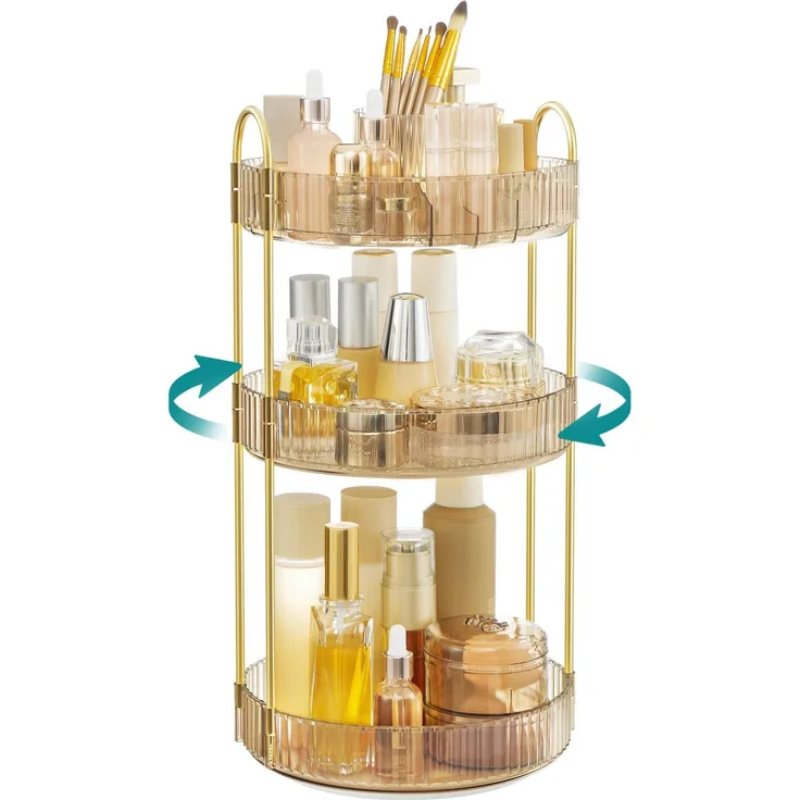 SONGMICS Make-up Organizer drehbar, Kosmetik-Organizer rund, 3 Ebenen, Kosmetik Aufbewahrung, anpassbar, für Schminktisch, Geschenkidee, champagnergold JKADE011A01