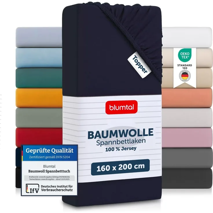 Blumtal® Basics Jersey Spannbettlaken 160x200 cm -Oeko-TEX Zertifiziert, 100% Baumwolle Bettlaken, bis 7cm Topperhöhe, Dark Ocean Blue - Blau