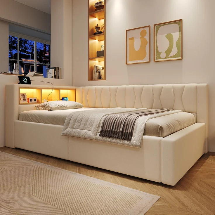 Daybett, Tagesbett, Schlafsofa,90x200cm, Ohne Matratze, Hydraulische Lagerung, mit dimmbarer LED-Leiste, mit praktischem Regal, mit USB-Anschluss, Beige – Bild 3
