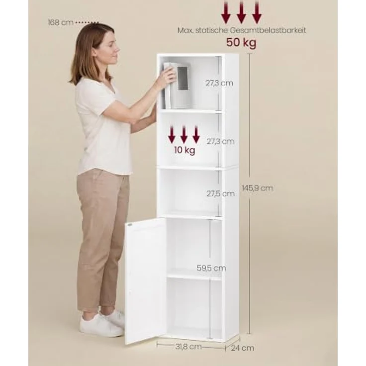 VASAGLE Bücherregal, 5-stöckiges Standregal mit Tür, 31.8 x 24 x 145.9 cm | Offenes Aufbewahrungsregal, für Wohnzimmer, Homeoffice, Esszimmer, Wolkenweiss, SIREN Kollektion LBC501WB01 – Bild 2