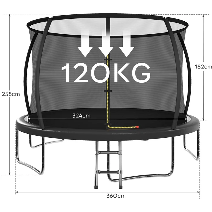 Devoko Gartentrampolin mit Sicherheitsnetz, Leiter, Randabdeckung, Stahlrahmen, Schwarz, Ø 360 cm – Bild 9