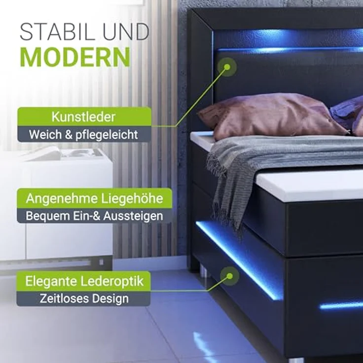 Juskys Boxbett Norfolk, Schwarz, 200x200 cm, Boxspringbett mit LED-Beleuchtung und Bonell Federkernmatratzen – Bild 5