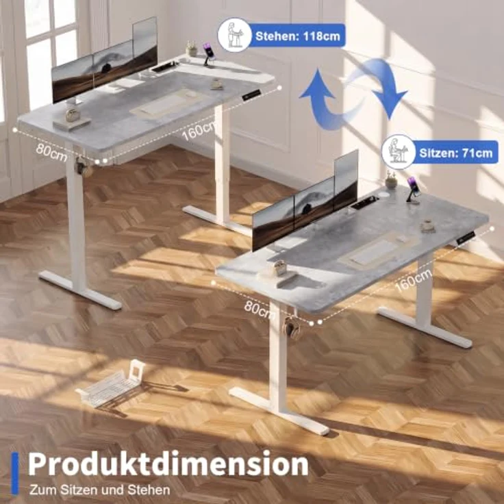 JUMMICO Höhenverstellbarer Schreibtisch 160x80 cm mit Steckdose | Schreibtisch Höhenverstellbar Elektrisch Stehtisch, Steh-Sitz Tisch, Bürotisch Computertisch für Home Office, Steingrau – Bild 8