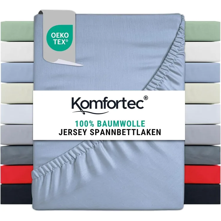 Komfortec Spannbettlaken Jersey 100% Baumwolle – 200x200 cm – 135g/m² – Weich, Atmungsaktiv & Hautfreundlich – Mit Rundumgummi – Oeko-Tex Zertifiziert – Für Boxspring, Topper & Matratzen – Hellblau