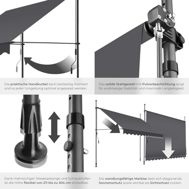 tectake® Klemmmarkise mit Handkurbel, Balkon Markise ohne Bohren, Markise höhenverstellbar, UV-beständig, wasserabweisend, Terrassenüberdachung, Sonnenschutz Terrasse & Balkon, 300 cm - schwarz/grau – Bild 6