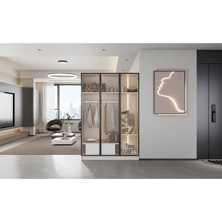 Kleiderschrank aus Spanplatte mit 3 Glastüren, Schublade & Kleiderstange, 110x50x160 cm, Weiß – Bild 10