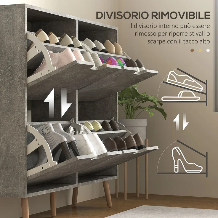 Mobiler Schuhschrank mit 4 klappbaren Schubladen auf 2 Ebenen für 16 Paar Schuhe, aus Holz, 95 x 26 x 95 cm, grau – Bild 8