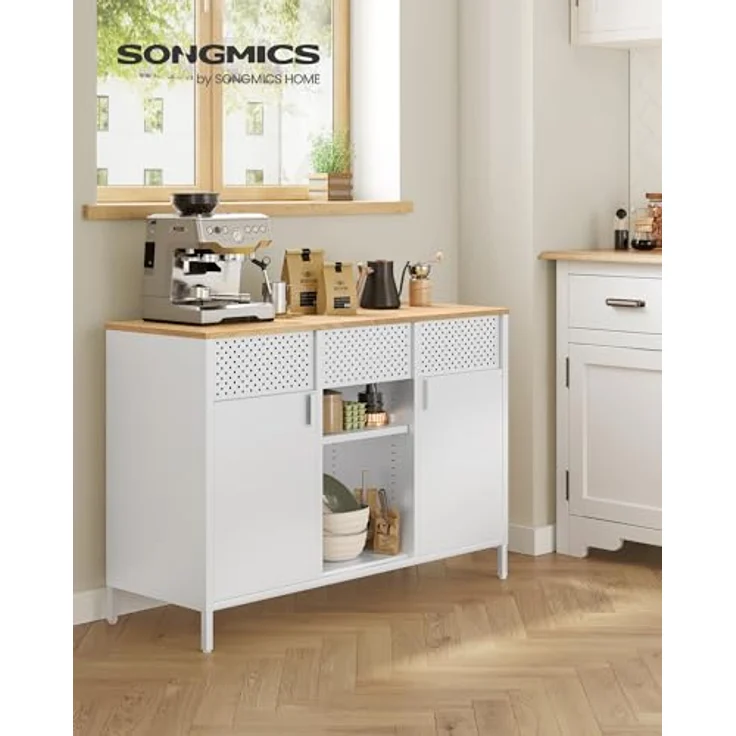 SONGMICS Aufbewahrungsschrank, Metallschrank, Schrank mit Doppeltür, Sideboard, Magnetverschluss, verstellbare Einlegeböden, Stahlgestell, mattweiß-eichenbeige LSC204WC01 – Bild 3