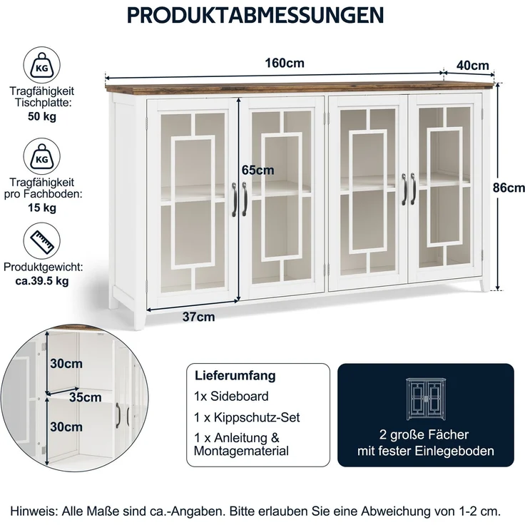 Merax 160cm Küchen-Sideboard mit Glastüren, einem geräumigen Staufach, einer Arbeitsplatte in Holzoptik und einer Kippsicherung, Weiß – Bild 4