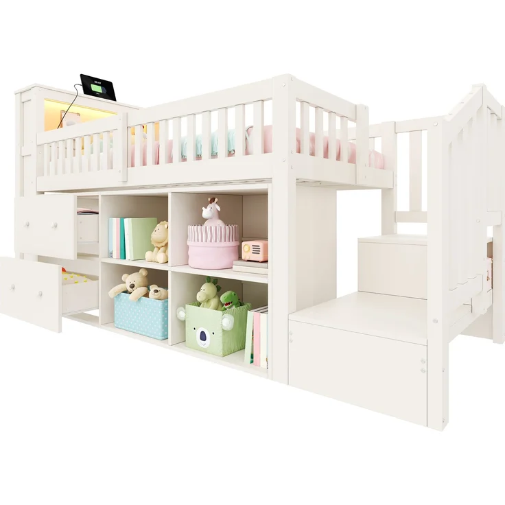 Halbhohes Bett, 90 x 200 cm, mit Schubladen, Staufächern, Leiterschrank, LED-Beleuchtung, Matratze nicht inbegriffen, Weiß – Bild 8