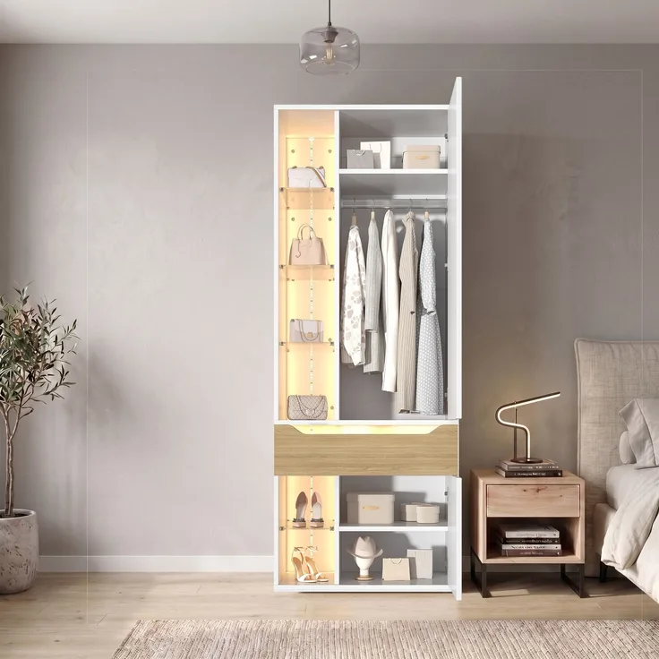 Kleiderschrank B 75 x T 50 x H 200 cm aus MDF mit LED-Glasvitrine