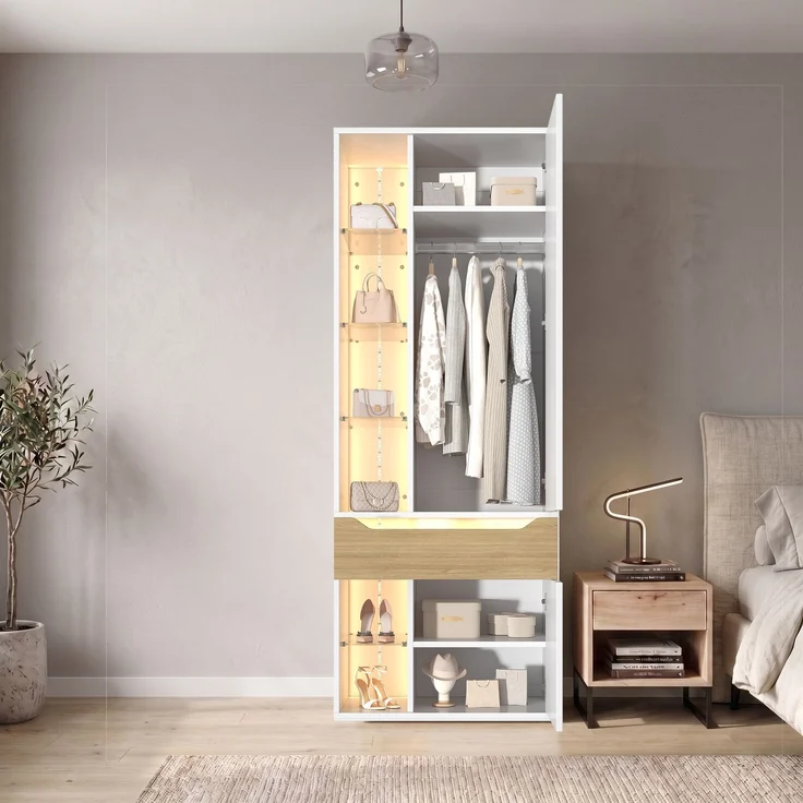Kleiderschrank B 75 x T 50 x H 200 cm aus MDF mit LED-Glasvitrine – Bild 1