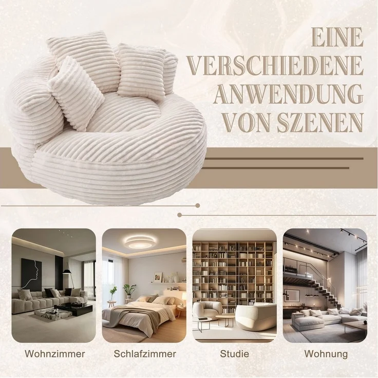 LVHOM Sitzsack 108x108x52cm Chenille Premium Sofa mit 3 extra Kopfkissen (Kuschelig & Atmungsaktiv, Einzelsitzer-Lounge, komplett komprimiert geliefert. Perfekt für Ruhe, Lesen, Gaming & Nickerchen. Ideal für Wohnzimmer, Schlafzimmer, Spielzimmer & Off... – Bild 3