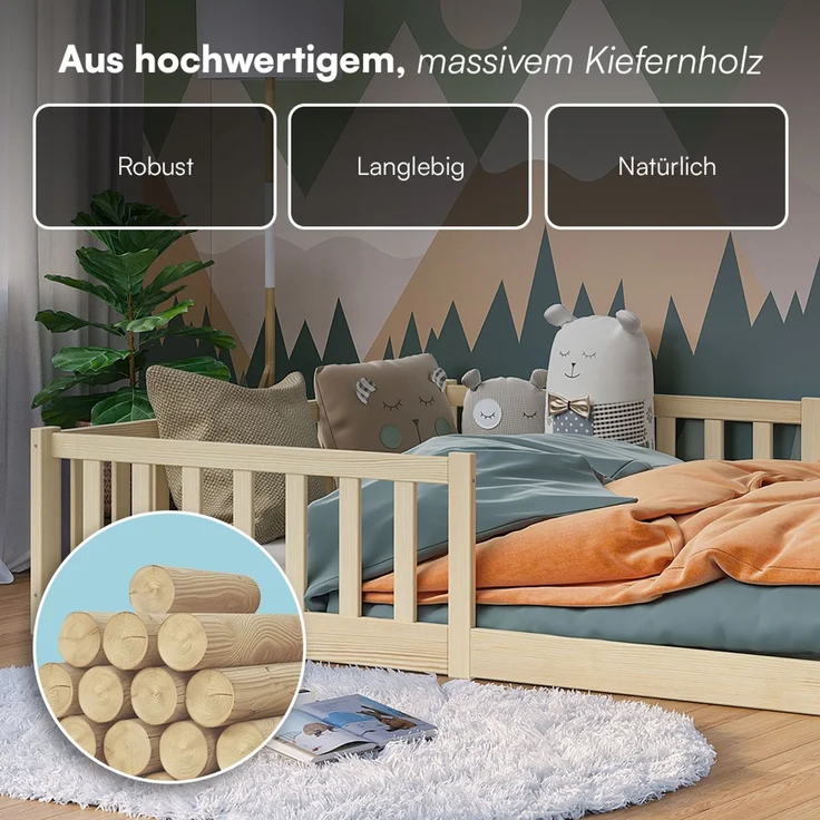 Bellabino 'Vere' Bodenbett 140x200 cm mit Matratze, natur, Massivholz Kiefer, Montessori Kinderbett mit Rausfallschutz und Lattenrost – Bild 7