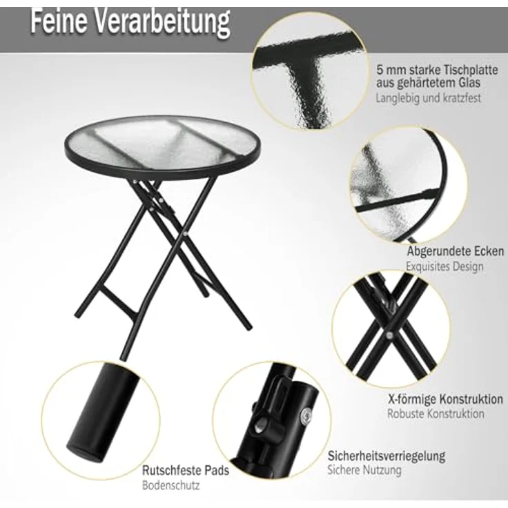 eSituro Klapptisch, Beistelltisch klappbar, Balkontisch Campingtisch Gartentisch Bistrotisch, mit Metallrahmen, runde Tischplatte aus gehärtetem Glas, φ46x47,5 cm, Schwarz+transparent – Bild 4
