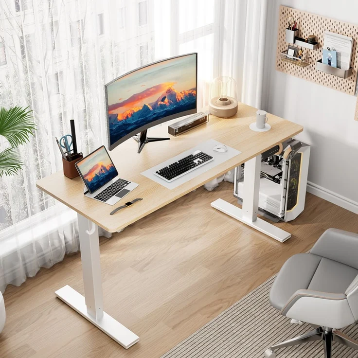 HOMAVO höhenverstellbarer Schreibtisch 60×140 cm, mit Memory- und Anti-Kollisionsfunktion, Höhe 70–117 cm, Natur – Bild 2
