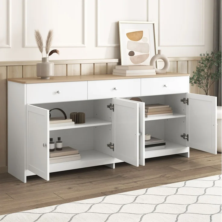 DESVIAE Sideboard mit 3 Schubladen und 4 Türen, 160x75x37 cm, MDF und Spanplatte, Weiß/Holzfarbe – Bild 5